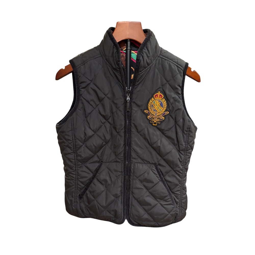 VTG Ralph Lauren Reversible Quilted Vest Black Equestrian Print‎ Crest Womens PM